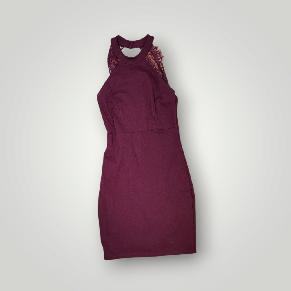 Lulus Women's Burgundy Floral Lace Love Poem Mini Dress Halter Top Size Xs